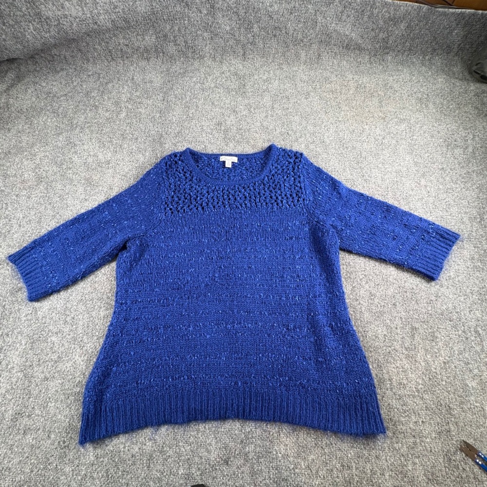 Kim Rogers Sweater Womens 1X Royal Blue Textured Crochet Yoke‎ Boho Cottagecore